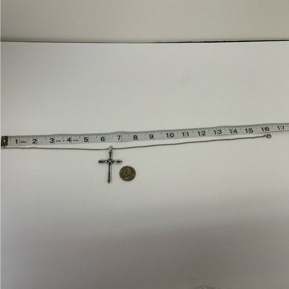 Silver Tone Cross Pendant Necklace with Blue and Clear Rhinestones - Picture 7 of 7